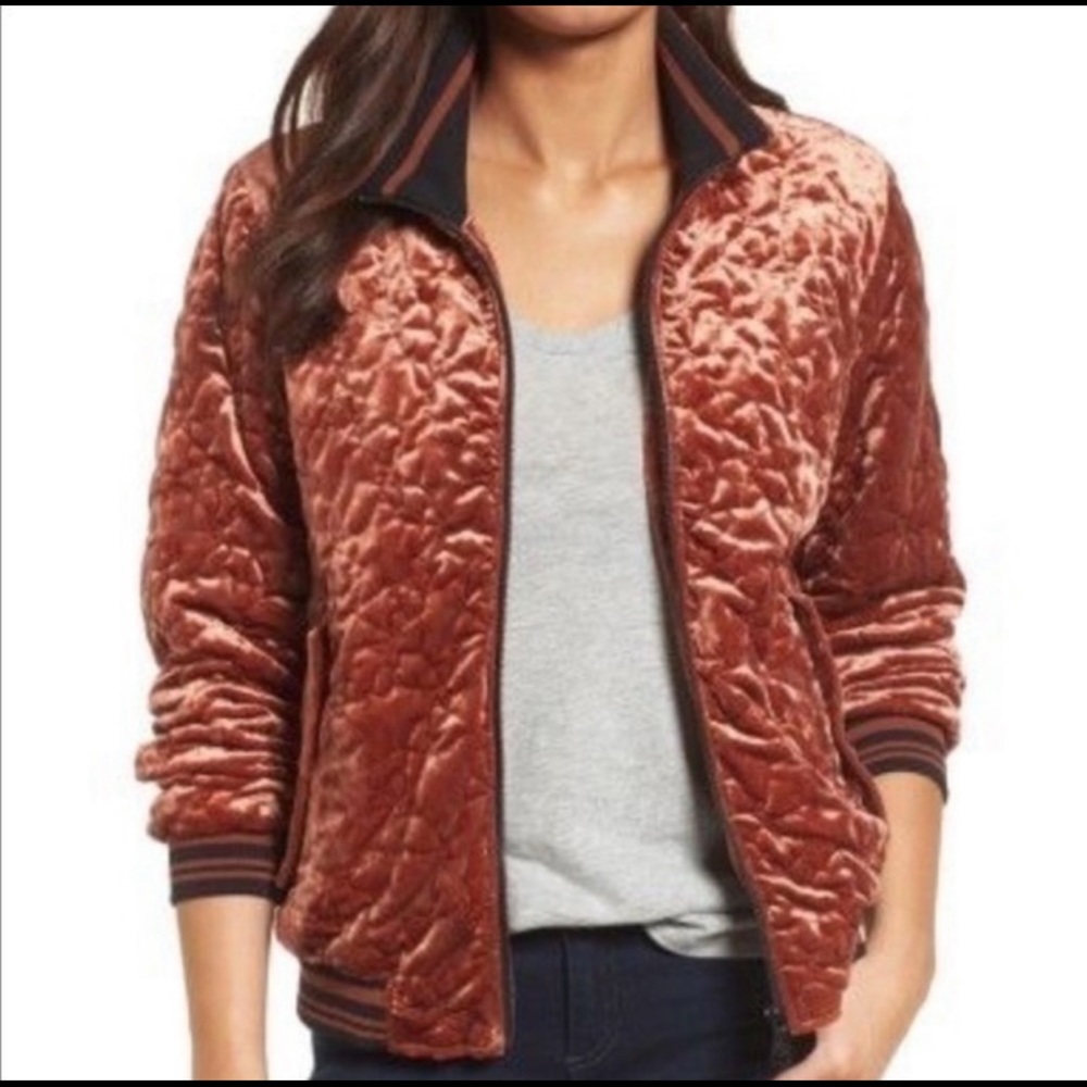 Bernardo Quilted Velvet Bomber Zip Up Jacket in Copper